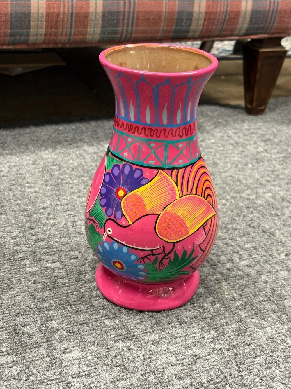 Hand Painted Pink Floral Bird Clay Folk Art Vase Made in Mexico